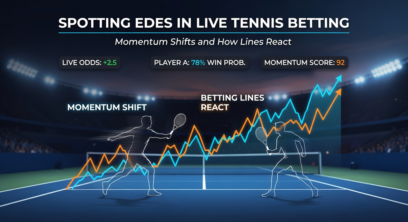Tennisspieler in einem intensiven Live-Match-Moment, der einen Momentum-Wechsel zeigt, mit Quotenanzeige im Vordergrund